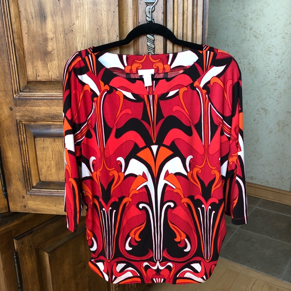 Chico’s orange, red and black gathered scoop neck